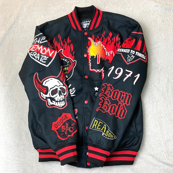 Dodge x Reason Men Varsity Bomber Jacket Limited Edition M Black Demon Flame NEW - Picture 3 of 13